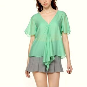100% SILK V-Neck Blouse Women's Medium Green Fairycore Whimsical Boho Cottage